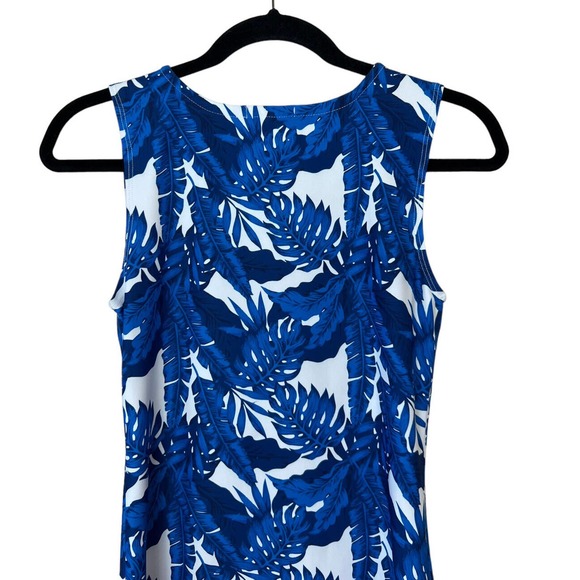 Tina + Jenna Leaf Print Dress XXS Ruffle Hem Sleeveless Blue White Vneck Mini - Picture 5 of 9